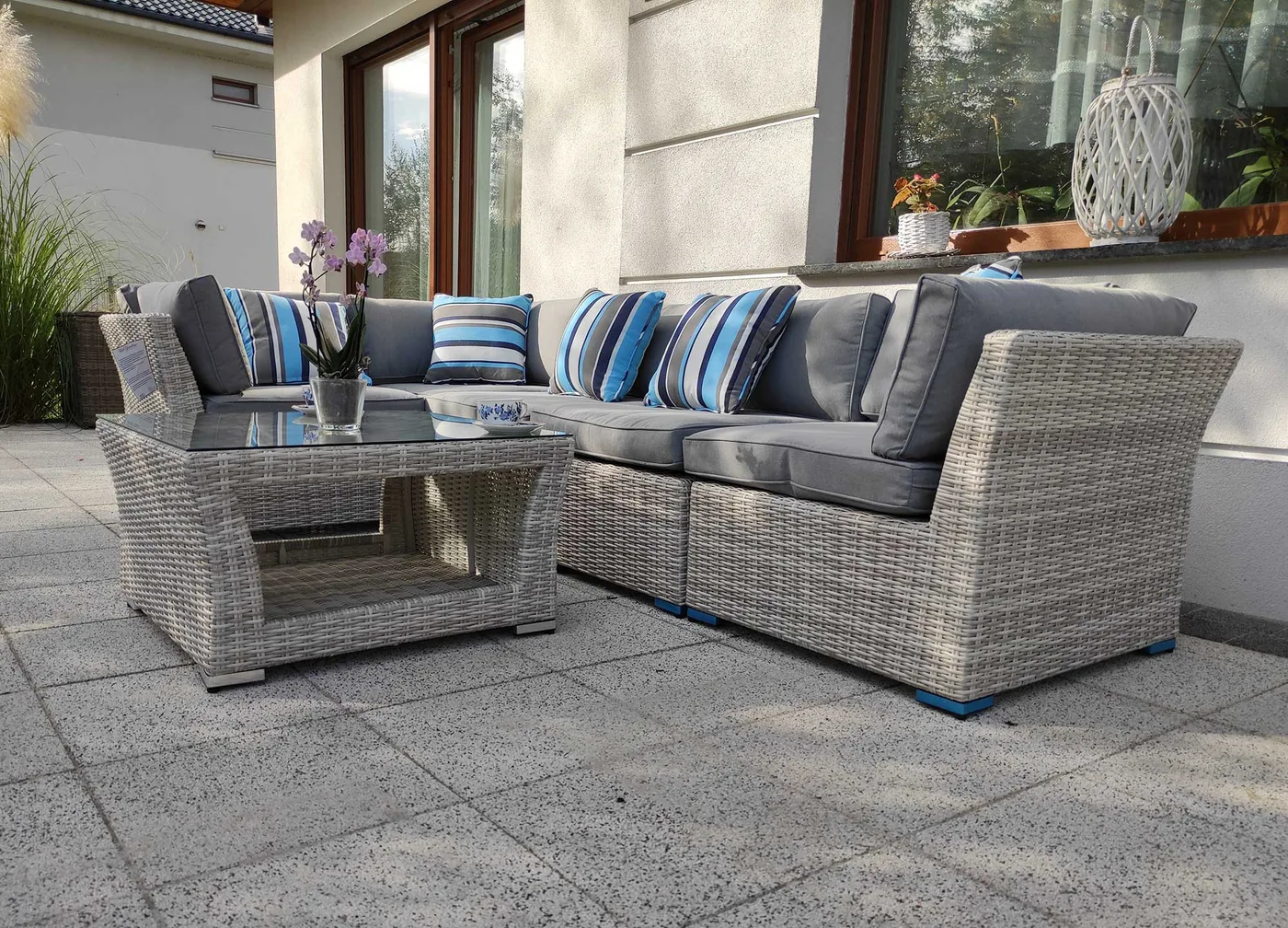 Narożnik ogrodowy KRETA — technorattan PE jasno szary, detal plecionki