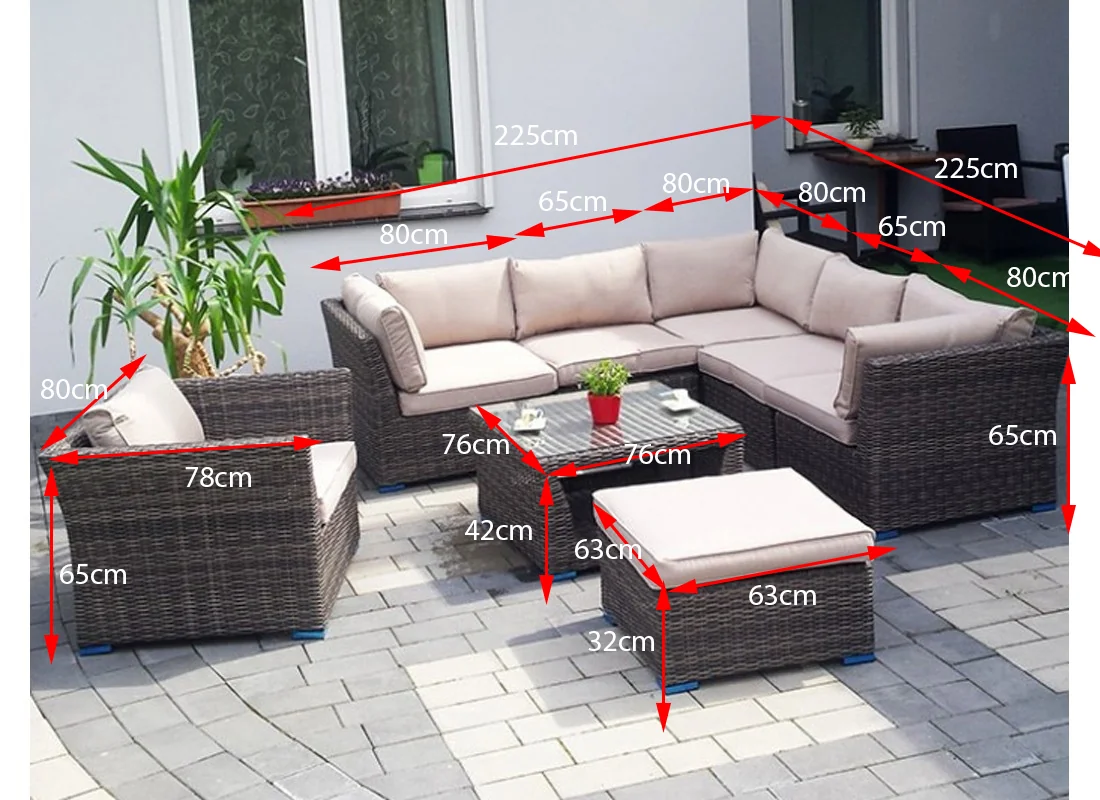 Wymiary narożnika KRETA — schemat techniczny elementów i stolika