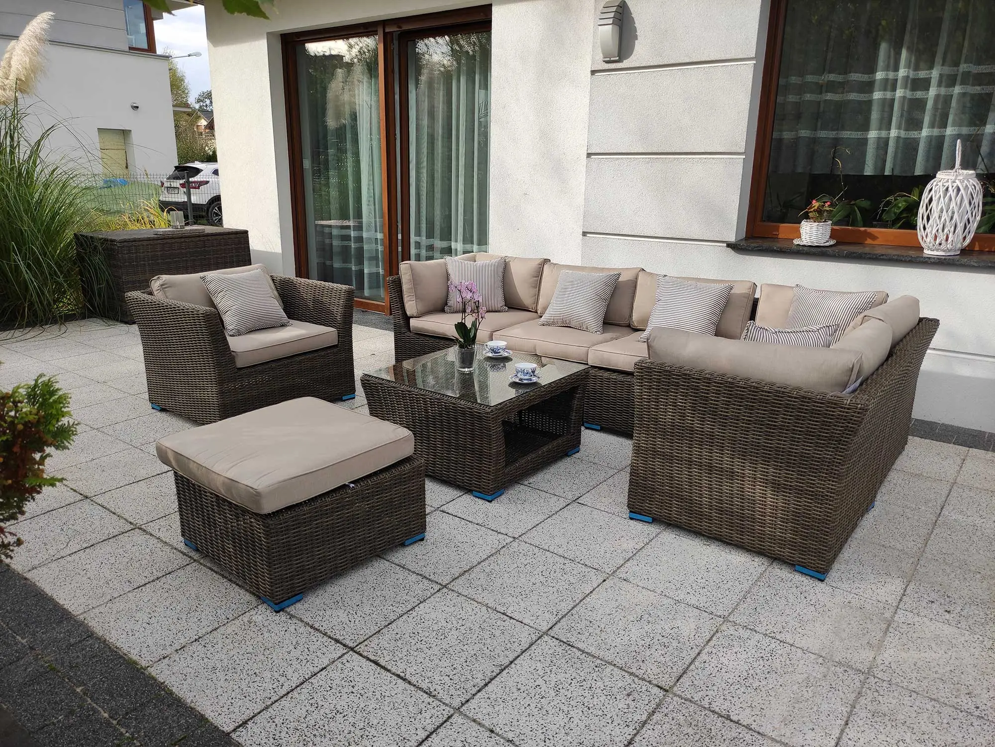 Narożnik ogrodowy KRETA BIG brązowy mat — modułowy zestaw wypoczynkowy z fotelem i pufą