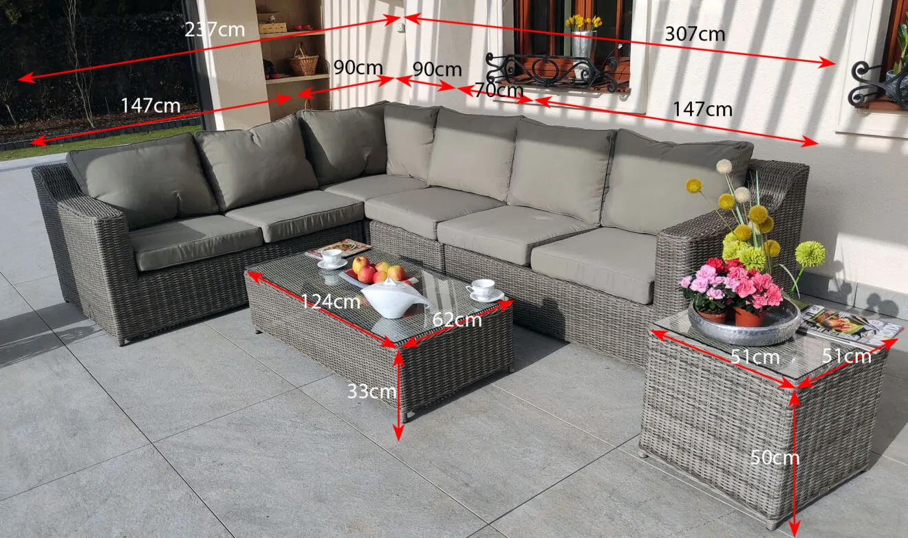 LEVANTE CORNER BIG — schemat wymiarów zestawu: narożnik 307×237 cm, stolik kawowy 124×62×33 cm, stolik boczny 51×51×50 cm