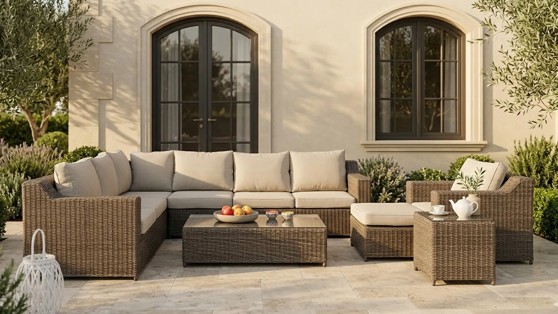 Narożnik ogrodowy LEVANTE CORNER — widok frontalny, technorattan półokrągły