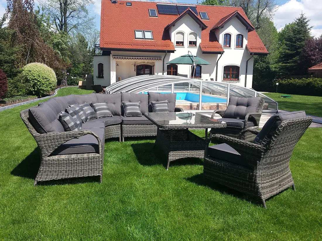 POSEJDON grafitowy — zestaw narożnik plus dwa fotele, widok boczny