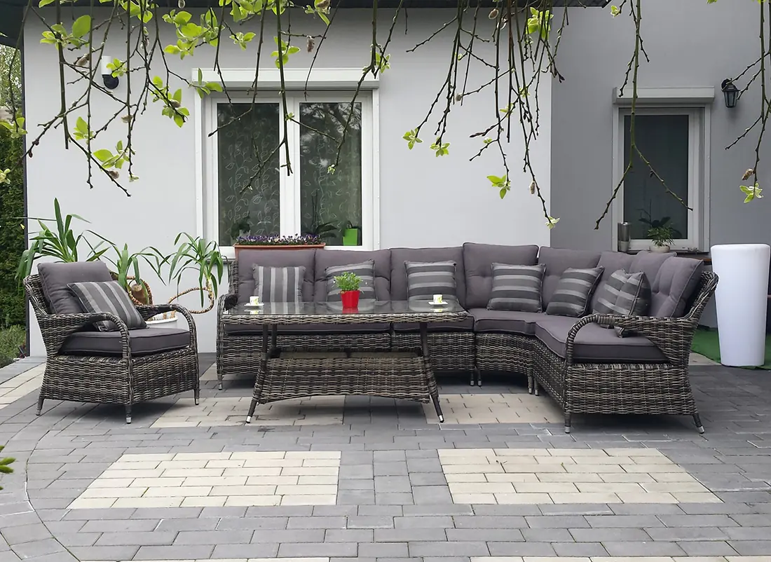 Narożnik ogrodowy POSEJDON grafitowo-brązowy — zestaw z poduszkami szarymi