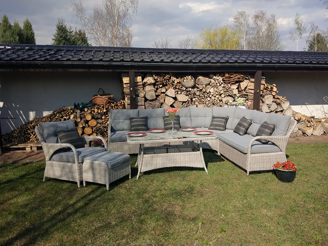 POSEJDON jasny szary — narożnik ogrodowy z poduszkami szarymi