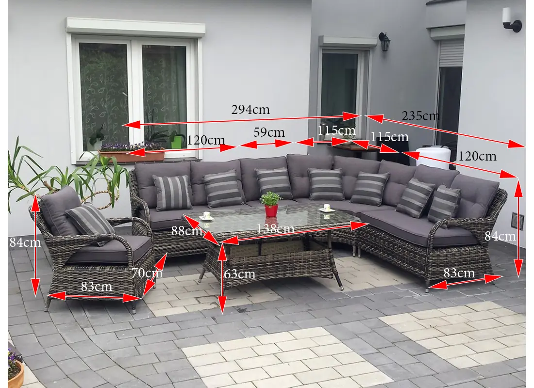 Wymiary narożnika ogrodowego POSEJDON — schemat z oznaczeniami: narożnik 294×235 cm, fotel 70×83×84 cm, stolik kawowy 138×88×63 cm
