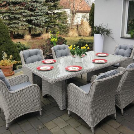 Stół tarasowy rattanowy. Zestaw mebli ogrodowych CASTOR 6 w kolorze jasnoszarym
