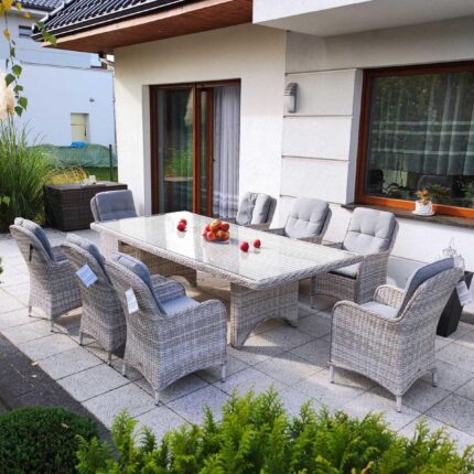 Duży stół tarasowy i fotele rattanowe CASTOR 8. Kolor jasnoszary