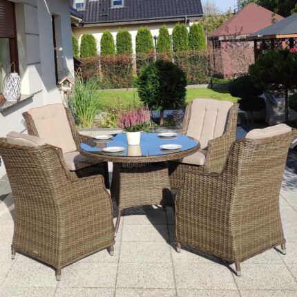 Mały stół okrągły na taras i 4 fotele technorattan - Zestaw ADRIA 110 - Kolor brązowy