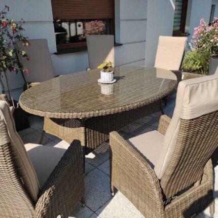 Stół ogrodowy owalny i fotele ogrodowe rozkładane - zestaw NEAPOL 6. Meble ogrodowe brązowe