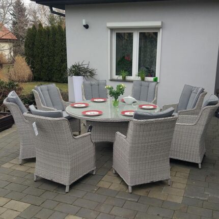 Stół ogrodowy okrągły. Zestaw mebli na taras 8 foteli
