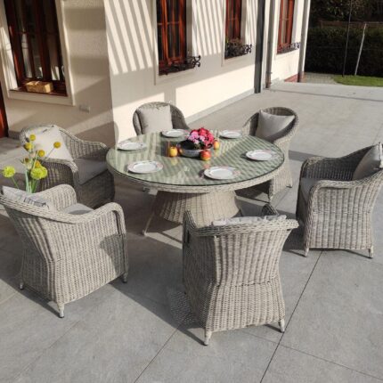 Stół tarasowy technorattan ECRU i 6 foteli ogrodowych - Zestaw mebli KORYNT 150